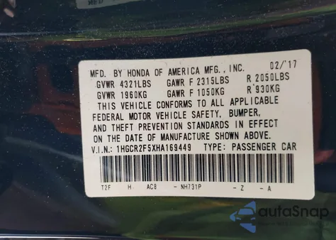 2017 Honda Accord Sport из США, поврежденный, VIN 1HGCR2F5XHA169449